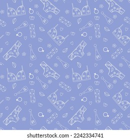 Seamless pattern of feminine accessories. Underwear, sanitary pads, perfume. Line drawing. Vector illustration 