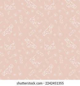 Seamless pattern of feminine accessories. Underwear, sanitary pads, perfume. Line drawing. Vector illustration 