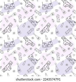 Seamless pattern of feminine accessories. Underwear, sanitary pads, perfume. Line drawing. Vector illustration 