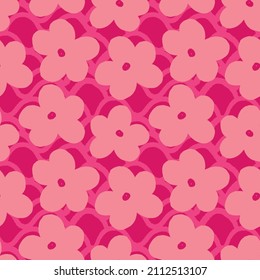 Seamless pattern with  feminine and childlike pink flowers featuring a quirky background. great for fabric, textiles, wallpaper, gift wrap, paper stationery, packaging and accessories. 
