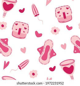 Seamless pattern with feminine hygiene items. Wallpaper with menstruation, tampons, pads, menstrual cups. For fabric, wrapping paper, background, surface and textile design. Menstruation. Vector