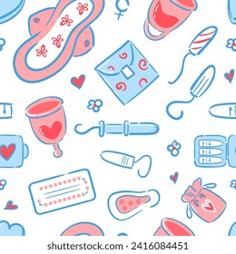 Seamless pattern of feminine hygiene items in hand-drawn style. Menstrual cups. Reusable and disposable pads. Tampons, pregnancy test, birth control pills. Women Health.