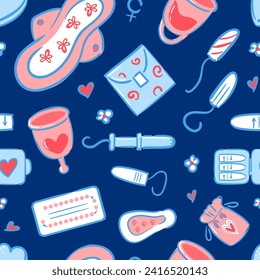 Nahtlose Muster weiblicher Hygieneartikel in handgezeichneter Form. Menstruationsbecher. Wiederverwendbare und Einwegpads. Tampons, Schwangerschaftstest, Pille zur Geburtenkontrolle. Gesundheit von Frauen.