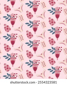 Seamless pattern of feminine hygiene items, flowers, and leaves in flat style. Perfect for wellness, health, or period-related products. Delicate design for fabric, wrapping, or educational materials.