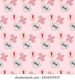 Seamless pattern with feminine hygiene pads in flat style. Soft pastel tones, decorative design. Ideal for health, wellness, or educational materials, stationery, and textile prints.