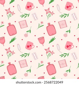 Seamless pattern of feminine hygiene products and floral elements