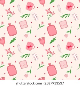 Seamless pattern of feminine hygiene products and floral elements