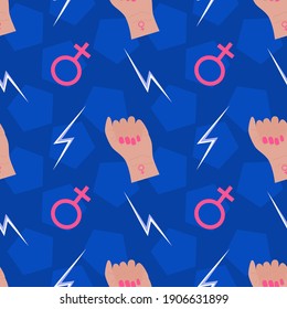 Seamless pattern, feminism, and the fight for equality. A female fist with a female symbol and a lightning bolt sign. Vector illustration. Girl power.