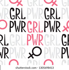 Seamless pattern with feminism symbol and handwritten quote GRL PWR. Feminist movement background. Vector fashion illustration for design, card or other print. 