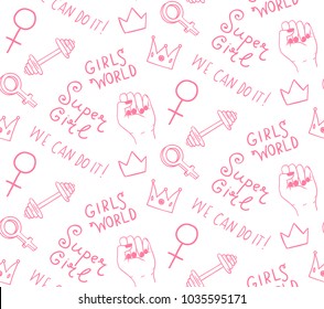 Seamless pattern,  feminist concept. Hand sketched
 doodles and phrases - We Can Do It, Girls World etc. Vector handmade illustartion.