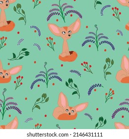 Seamless pattern with fennec foxes and vegetation