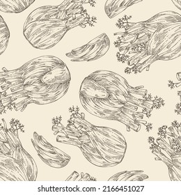 Seamless pattern with fennel: full fennel, piece and fennel root. Foeniculum vulgare. Vector hand drawn illustration. 
