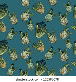 Seamless pattern with fennel on blue background. Vector illustration. Typography design elements for prints, cards, posters, products packaging, branding.