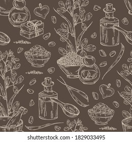Seamless pattern with fenugreek, fenugreek seeds and flowers, soap and bath salt . Cosmetic and medical plant. Vector hand drawn illustration. 
