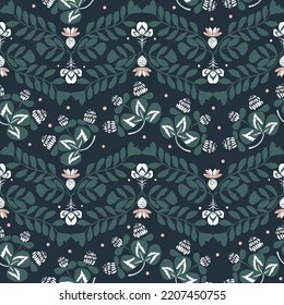Seamless pattern with fern branches, clovers and berries. Vector hand drawn illustration, garden in folk - scandinavian style.