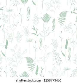 Seamless pattern of fern, different tree, foliage natural branches, green leaves, herbs. Green silhouette on white background.