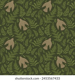 Seamless pattern with fern leaves and birds. Vector forest illustration. Simple goblincore style. Template for textile, wallpaper, paper, print. Dark green background. 