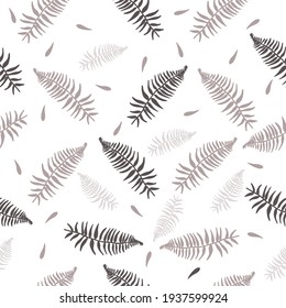 Seamless pattern of fern leaves. Botanical illustration of various shapes and shades of brown. Stock illustration.