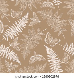 Seamless pattern with fern leaves, butterflies and moths. Ideal for fabrics, packaging textiles and templates. Simple Linear  minimalist boho pattern.