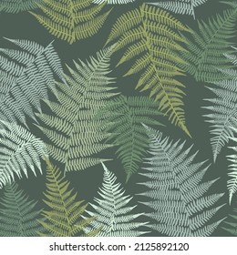 Seamless pattern with fern leaves. Classical grassy organic ornament. Different leaves on a dark background. Vector print for design.