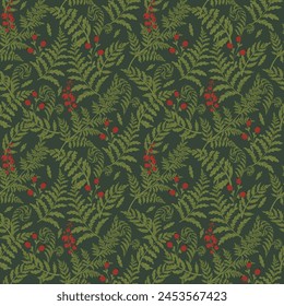 Seamless pattern with fern leaves, currant; hawthorn; rosehip. Small red wild berries vector illustration. Forest template for textile, wallpaper, paper. Dark background.