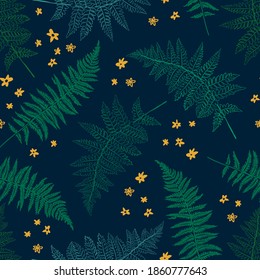 The seamless pattern with fern leaves and flowers is Ideal for fabrics, packaging textiles and templates. Simple Linear  minimalist boho pattern.