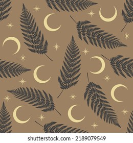 Seamless pattern with fern leaves, moon and stars. Boho mystical celestial clipart. Vector Illustration.