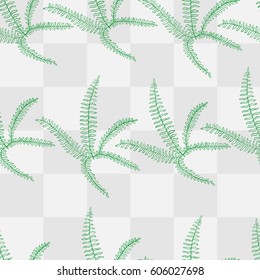 Seamless pattern of fern leaves on geometric background.
