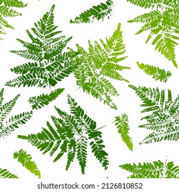 Seamless pattern with fern leaves paint prints isolated on white background