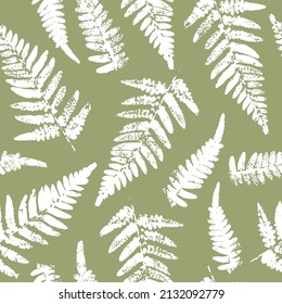 Seamless pattern with fern leaves paint prints on color background