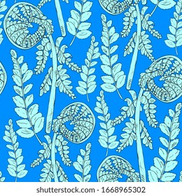 Seamless pattern with fern leaves, palm branch, leaves . Creative vintage jungle texture. Great for fabric, textile Vector Illustration