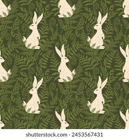 Seamless pattern with fern leaves and rabbits. Vector forest illustration with foliage and hare. Goblincore style. Template for textile, wallpaper, paper, print. Dark green background. 