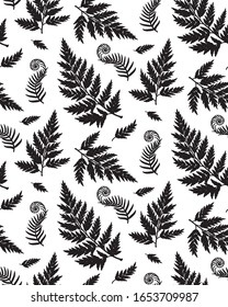 Patrón inoxidable con hojas de helecho y helecho que se desenrollan en frondosas jóvenes. Silueta en blanco y negro.  Plantilla vectorial floral adecuada para corte láser.