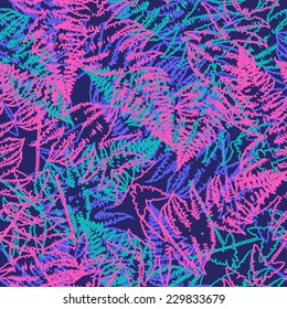 Seamless pattern of fern leaves. Vector illustration of jungle nature design. Pink, blue and black colors.