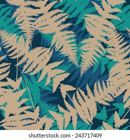 Seamless pattern of fern leaves. Vector illustration of jungle nature design. Beige and blue colors.