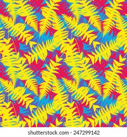 Seamless pattern of fern leaves. Vector illustration of jungle nature design. Pink, blue and black colors.