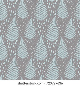 Seamless pattern with fern leaves, winter palette, vector illustration in hand drawn style