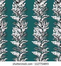 Seamless pattern of fern, monstera and Strelitzia
