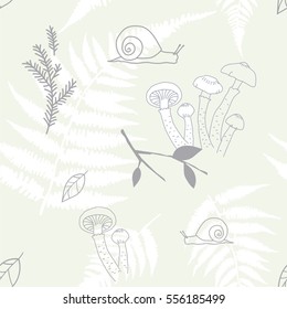 Seamless pattern with fern and mushrooms. Botanical illustration. Vector design elements.