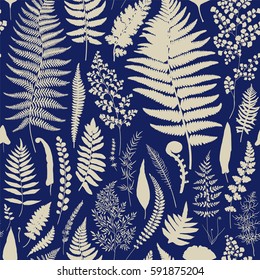 Seamless Pattern. Ferns. Vintage Vector Botanical Illustration. Blue