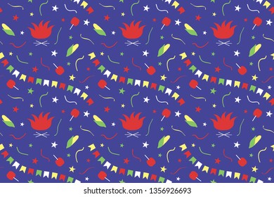 Seamless pattern for Festa Junina. Brazil June Festival. Bonfires, garlands of flags, serpentine, stars, corn, apples in caramel on a dark blue background. Vector.