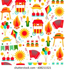 Seamless pattern Festa Junina with market stall, fire, hats, treats, sunflower, balloons, corn, flags. Vector illustration.