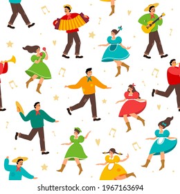 Seamless pattern festa junina. Summer folk festival, brazil carnival, people with musical instruments, fertility holiday. Decor textile, wrapping paper wallpaper vector print or fabric