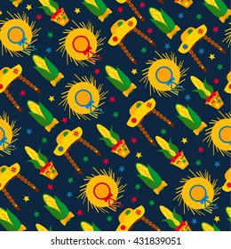 Seamless pattern of festa Junina village festival in Latin America. Icons set in bright color. Flat style decoration. 