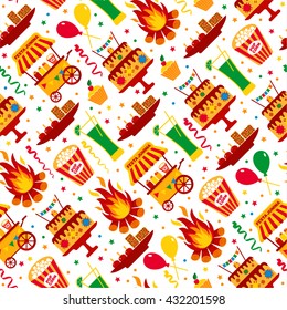 Seamless pattern of festa Junina village festival in Latin America. Icons set in bright color. Flat style decoration.
