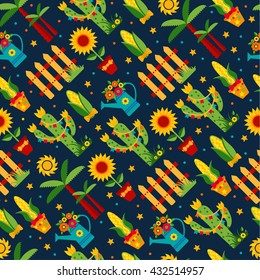 Seamless pattern of festa Junina village festival in Latin America. Icons set in bright color. Flat style decoration.