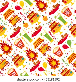Seamless pattern of festa Junina village festival in Latin America. Icons set in bright color. Flat style decoration.