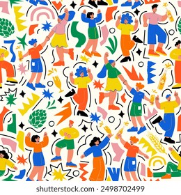 Seamless pattern for Festivals. Bright, modern design with dancing people in doodle style. Perfect for wraps, wallpapers, backgrounds, music, summer, food and October festivals.