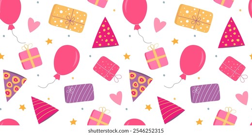 Nahtloses Muster mit festlichem Zubehör. Ballons, Geschenke, bunte Kappen auf einem Hintergrund von Sternen und Herzen. Feiertagsausdruck. Vektorgrafiken.