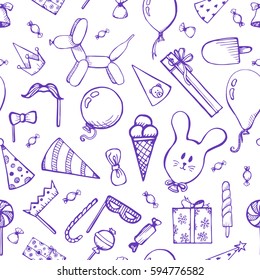 Seamless pattern with festive attributes. Inflatable balls, gifts, sweets. Design for any holiday or party.Vector illustration of a sketch style.